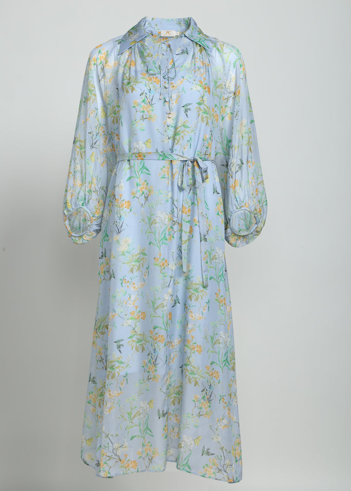 Eco-Silk Long Dress with Puff Sleeves