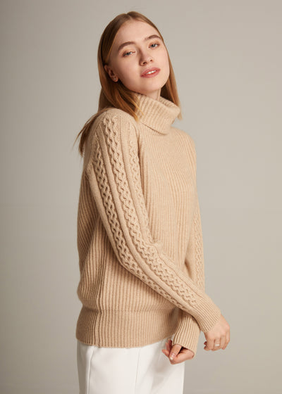 Turtleneck Rib & Cable Knit Cashmere Pullover