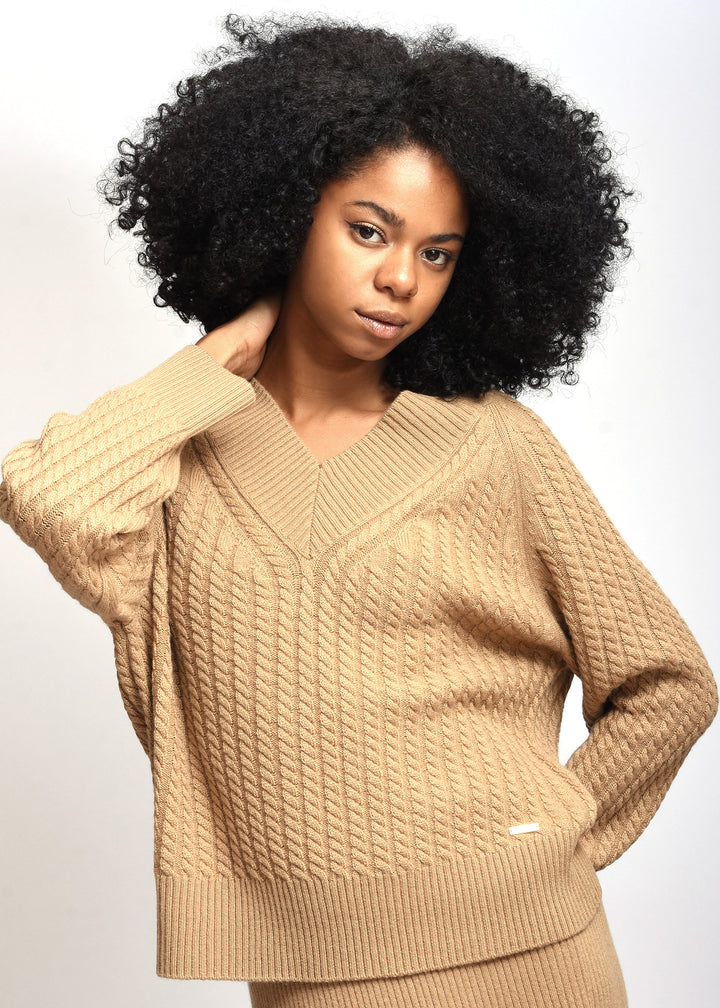 V-Neck Cable Knit Cashmere Pullover