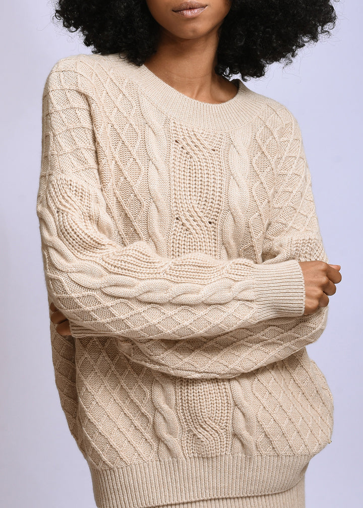 Round Neck Cable Knit Cashmere Pullover