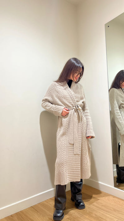 Women Cable Long Cardigan With Belt